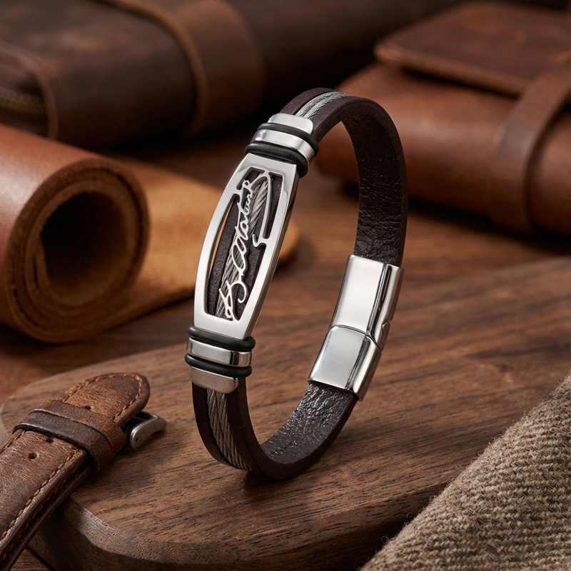 Kemal Atatürk Deri Kordonlu Çelik Halatlı Erkek Bileklik