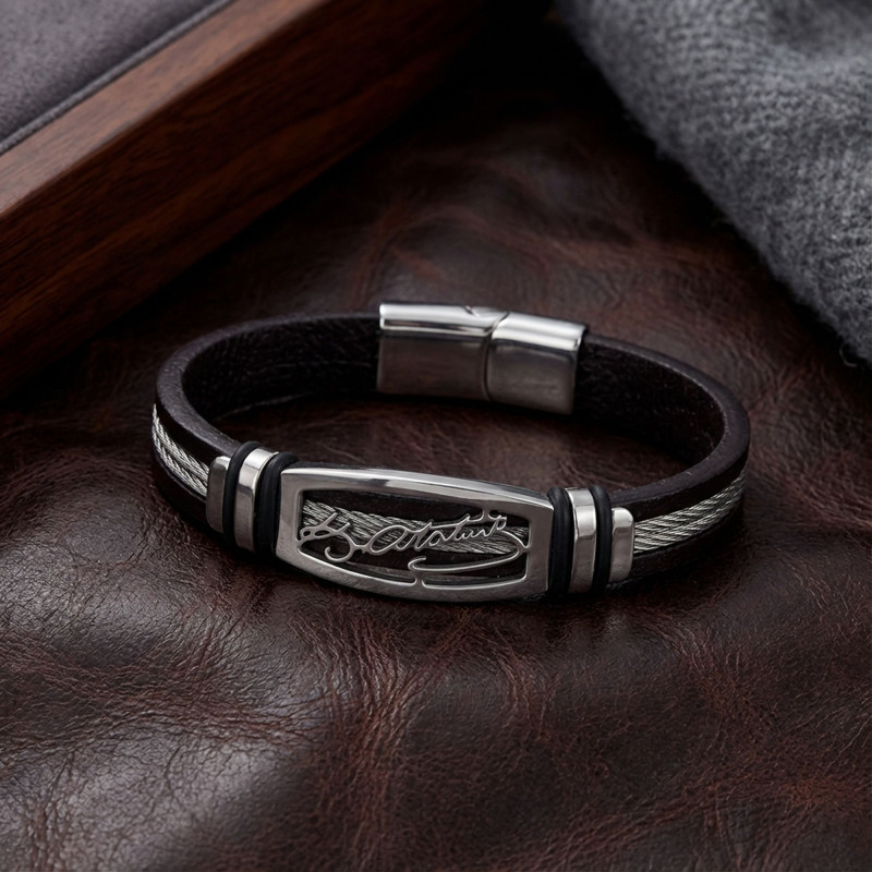 Kemal Atatürk Deri Kordonlu Çelik Halatlı Erkek Bileklik