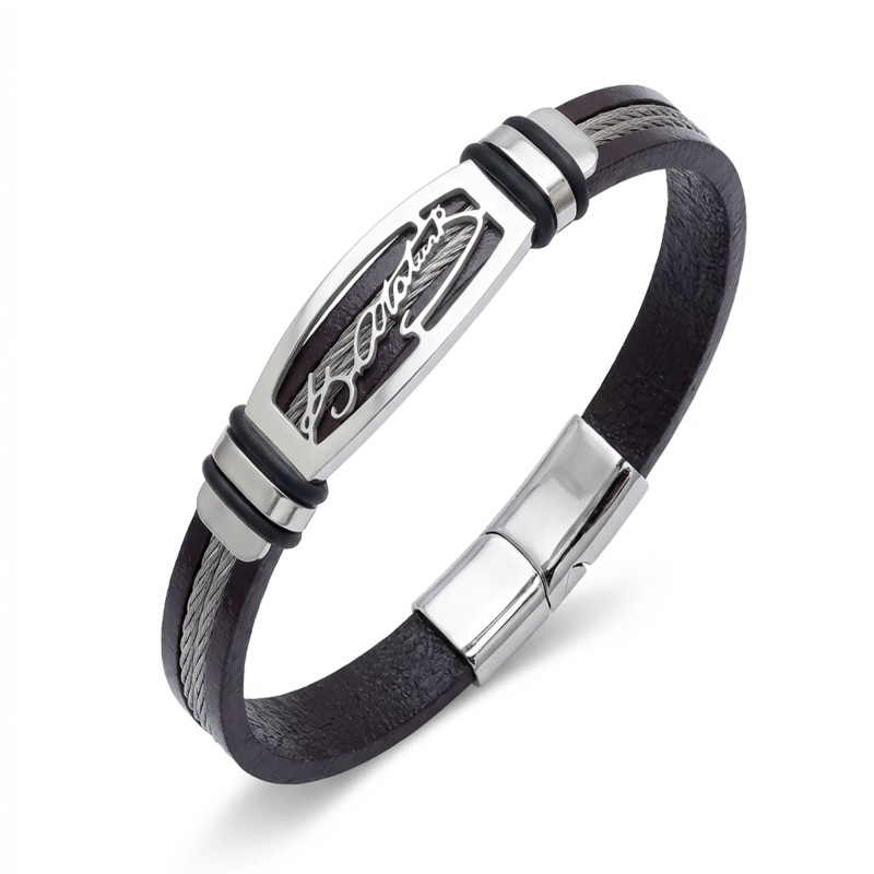 Kemal Atatürk Deri Kordonlu Çelik Halatlı Erkek Bileklik