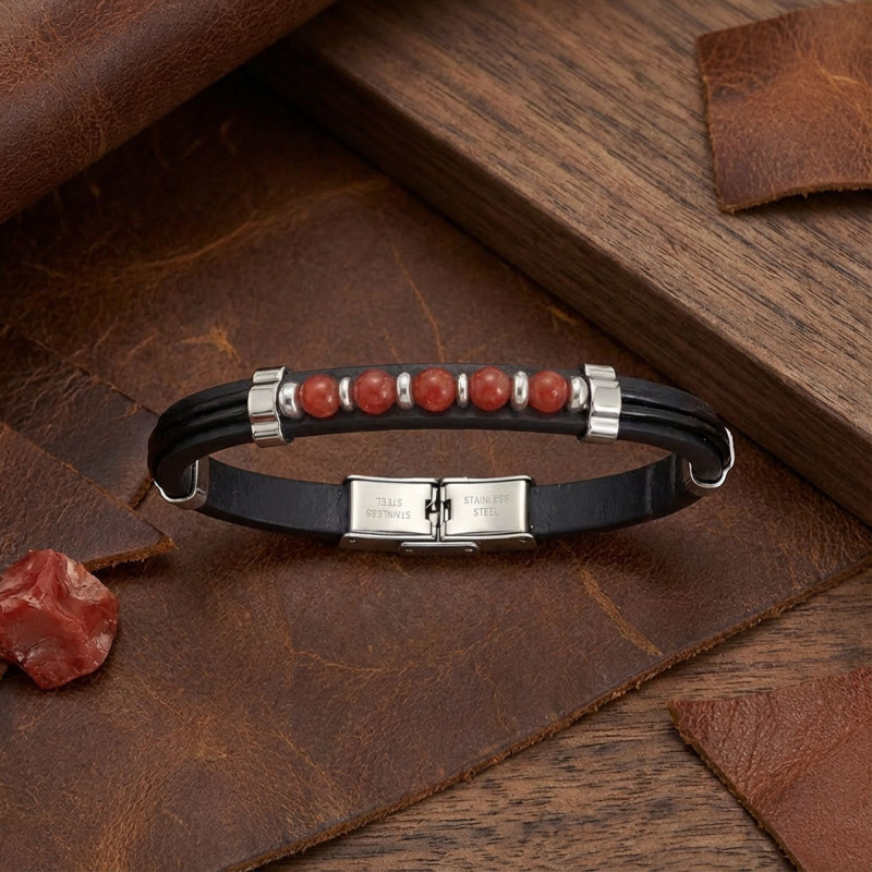 Kırmızı Akik Taşlı Deri Bileklik