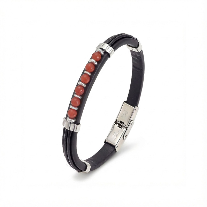 Kırmızı Akik Taşlı Deri Bileklik