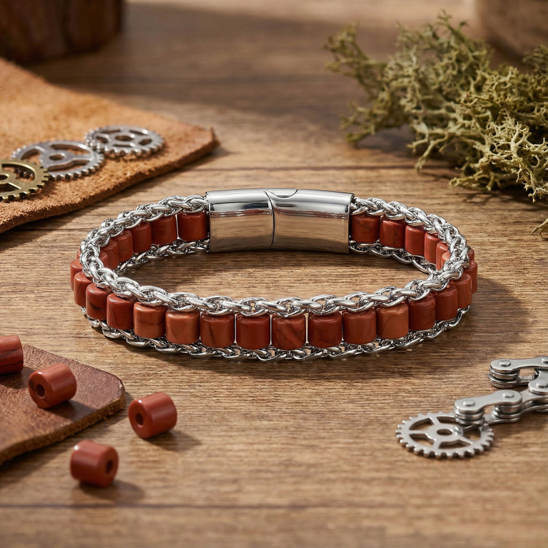 Kırmızı Jasper Doğal Taşlı Hasır Örgü Zincirli Erkek Çelik Bileklik Kırmızı Jasper Doğal Taşlı Hasır Örgü Zincirli Erkek Çelik Bileklik