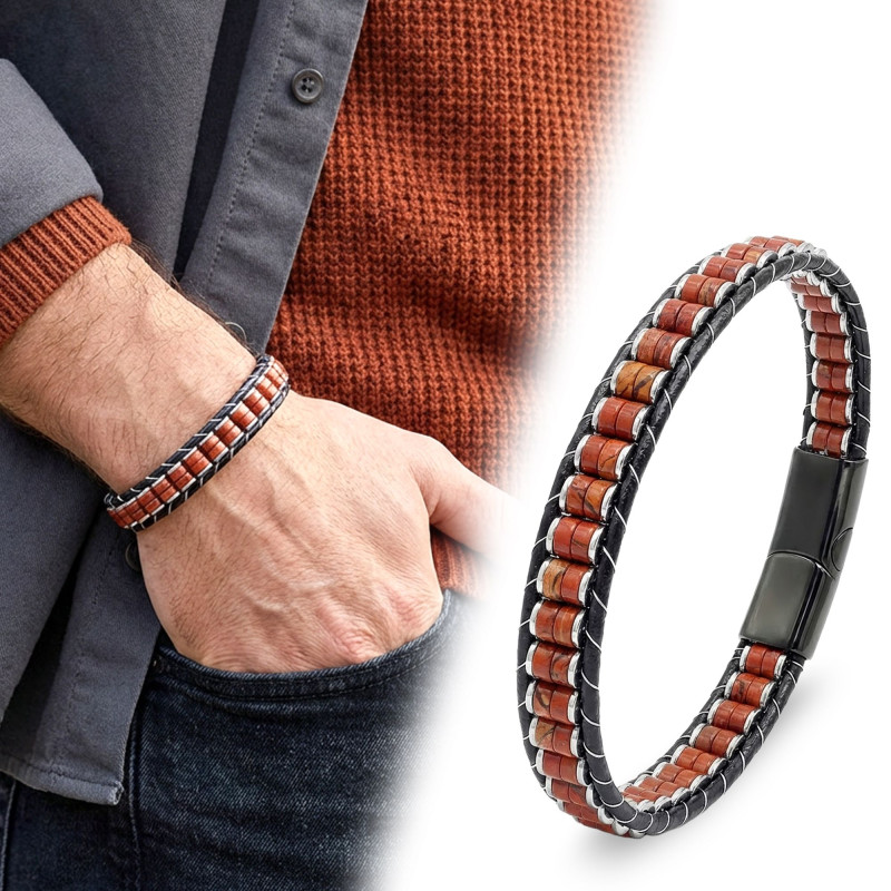 Kırmızı Jasper & Hematit Çelik Örgülü Deri Bileklik Kırmızı Jasper & Hematit Çelik Örgülü Deri Bileklik