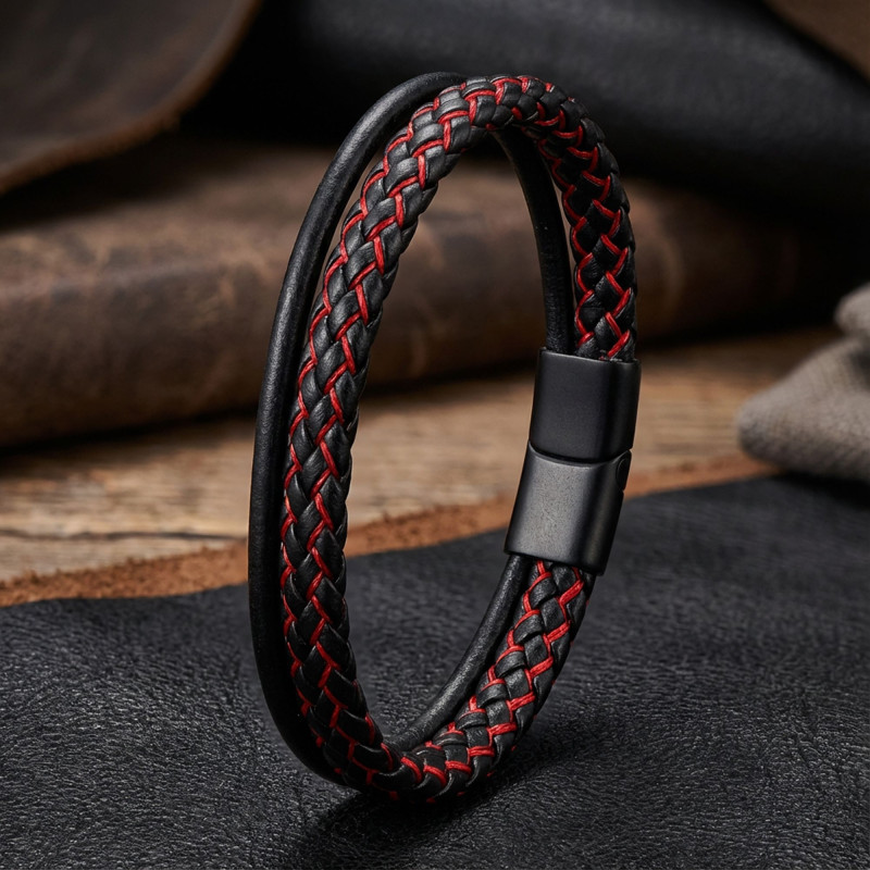 Kırmızı Renk Çoklu Deri Bileklik