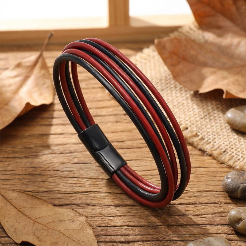 Kırmızı Siyah Çoklu Deri Ve Titianyum Kilitli Çelik Bileklik Kırmızı Siyah Çoklu Deri Ve Titianyum Kilitli Çelik Bileklik
