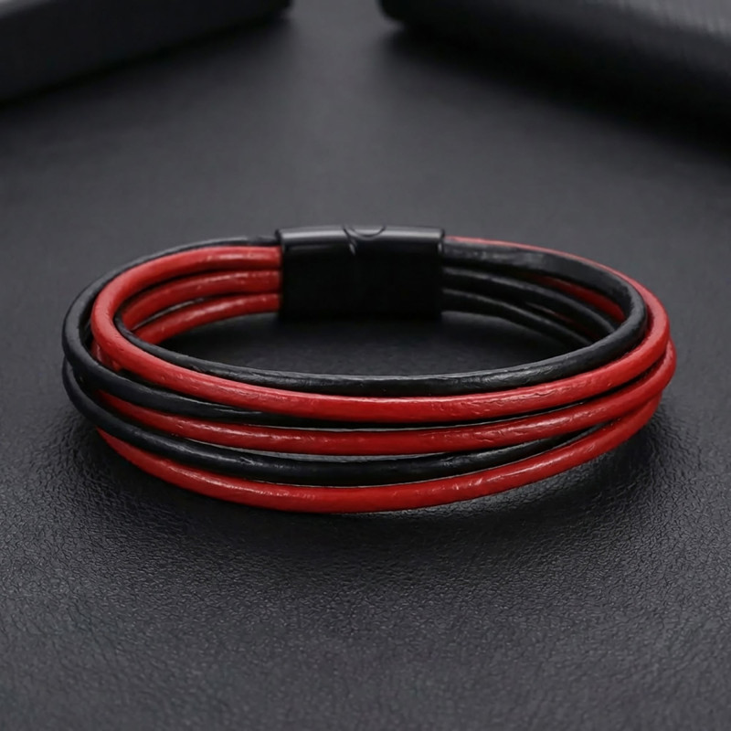 Kırmızı Siyah Çoklu Deri Ve Titianyum Kilitli Çelik Bileklik Kırmızı Siyah Çoklu Deri Ve Titianyum Kilitli Çelik Bileklik