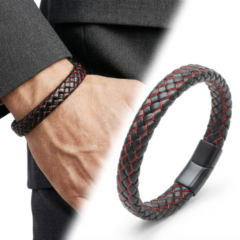 Red and Black Braided Leather Steel Bracelet