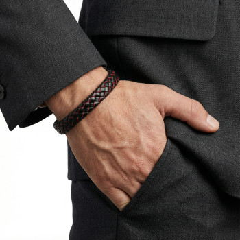 Red and Black Braided Leather Steel Bracelet Red and Black Braided Leather Steel Bracelet