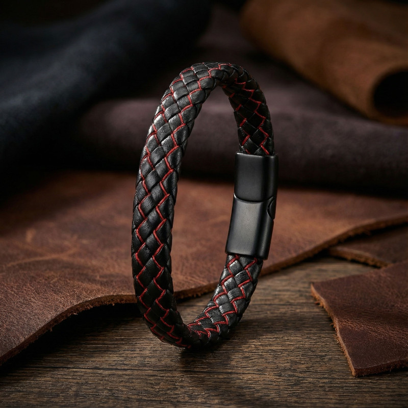 Red and Black Braided Leather Steel Bracelet