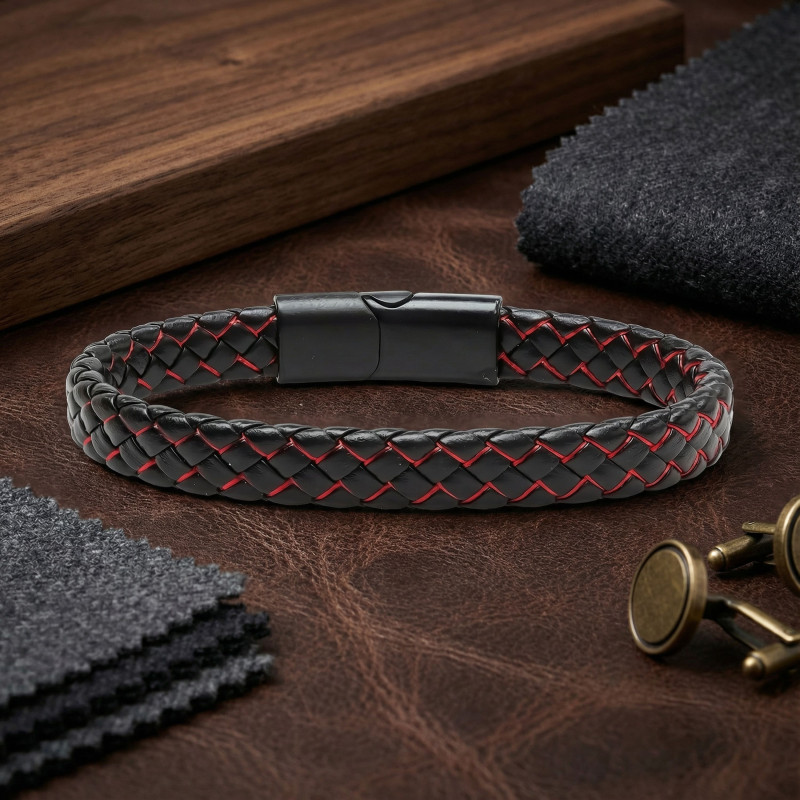Red and Black Braided Leather Steel Bracelet
