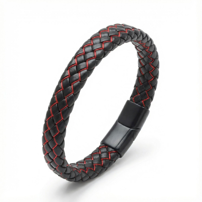 Red and Black Braided Leather Steel Bracelet