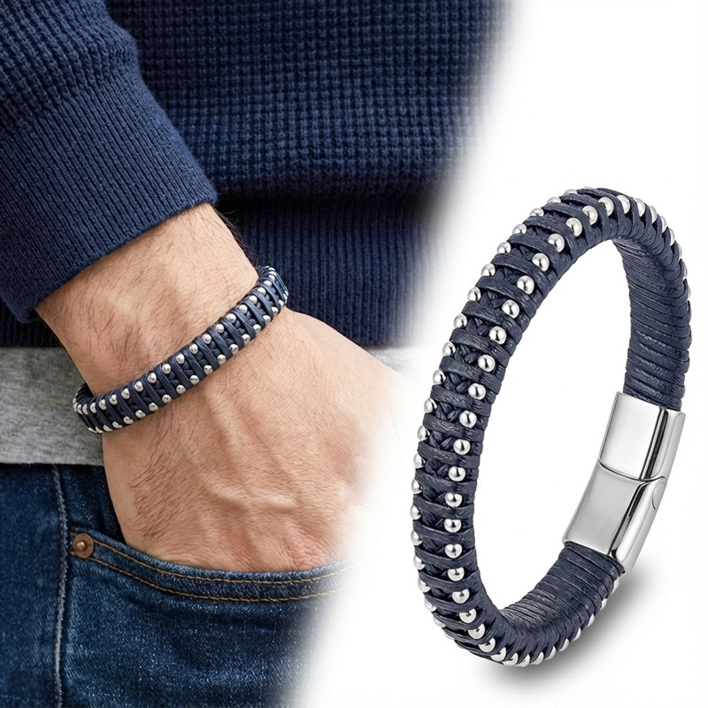 Lacivert Deri Ve Damla Çelik Zincirli Bileklik Lacivert Deri Ve Damla Çelik Zincirli Bileklik