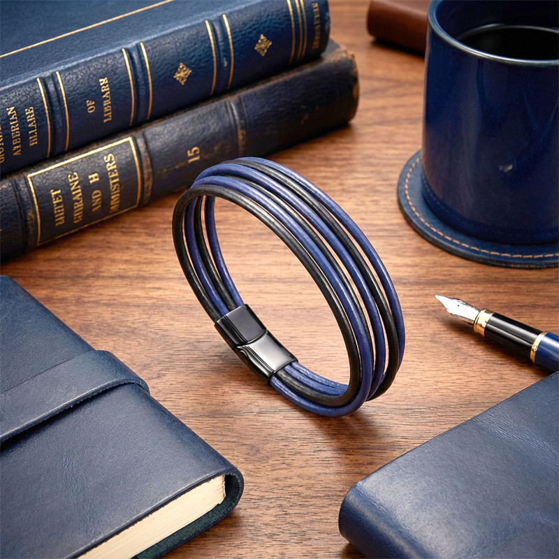 Lacivert Siyah Çoklu Deri Ve Titianyum Kilitli Çelik Bileklik