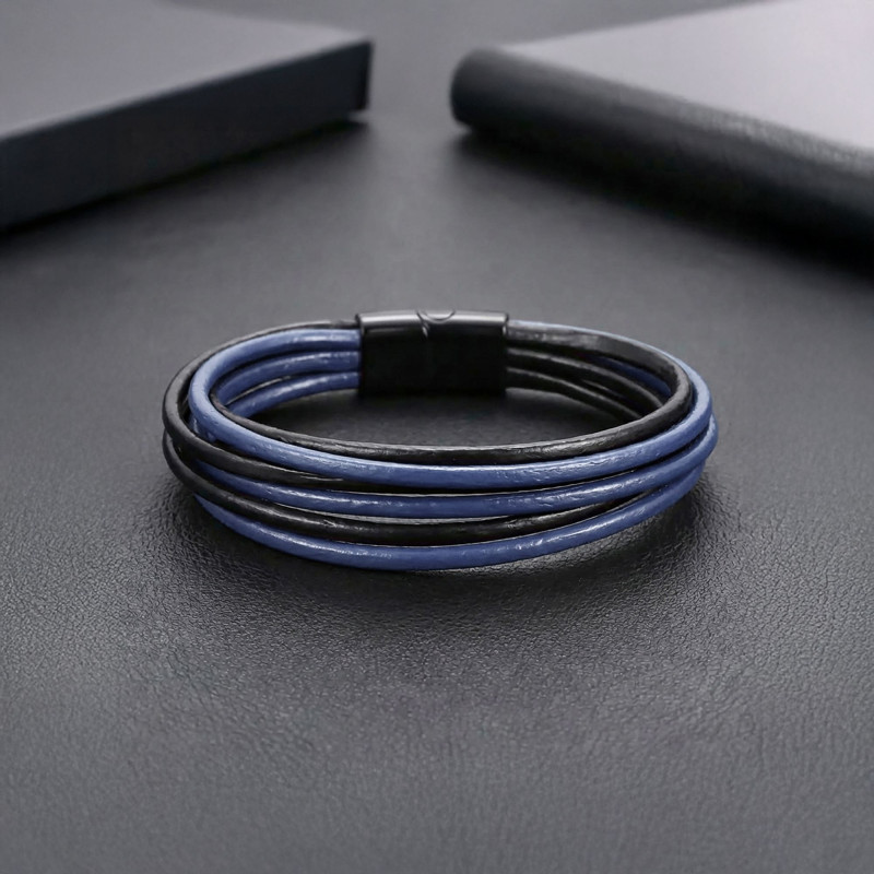 Lacivert Siyah Çoklu Deri Ve Titianyum Kilitli Çelik Bileklik