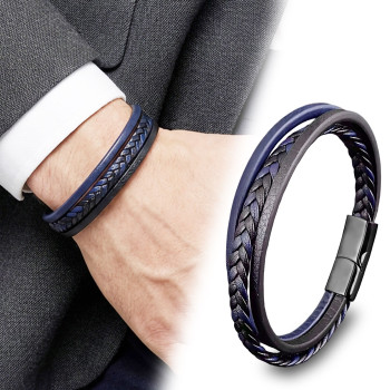 Lacivert Siyah Deri Erkek Bileklik – Titanyum Çelik Manyetik Kilitli