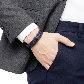 Lacivert Siyah Deri Erkek Bileklik – Titanyum Çelik Manyetik Kilitli