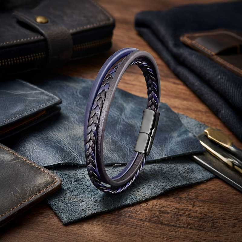 Lacivert Siyah Deri Erkek Bileklik – Titanyum Çelik Manyetik Kilitli Lacivert Siyah Deri Erkek Bileklik – Titanyum Çelik Manyetik Kilitli