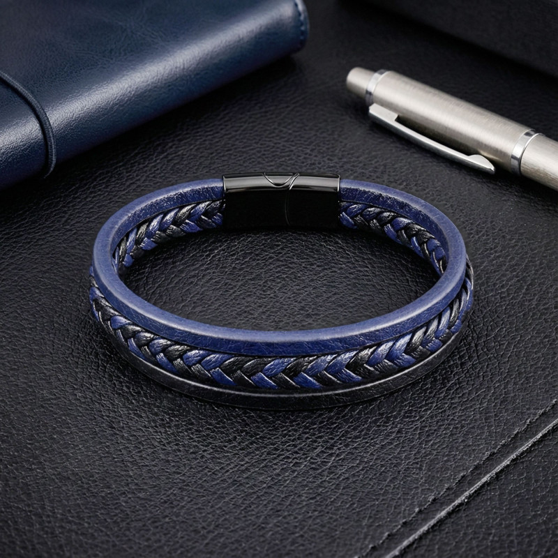 Lacivert Siyah Deri Erkek Bileklik – Titanyum Çelik Manyetik Kilitli Lacivert Siyah Deri Erkek Bileklik – Titanyum Çelik Manyetik Kilitli