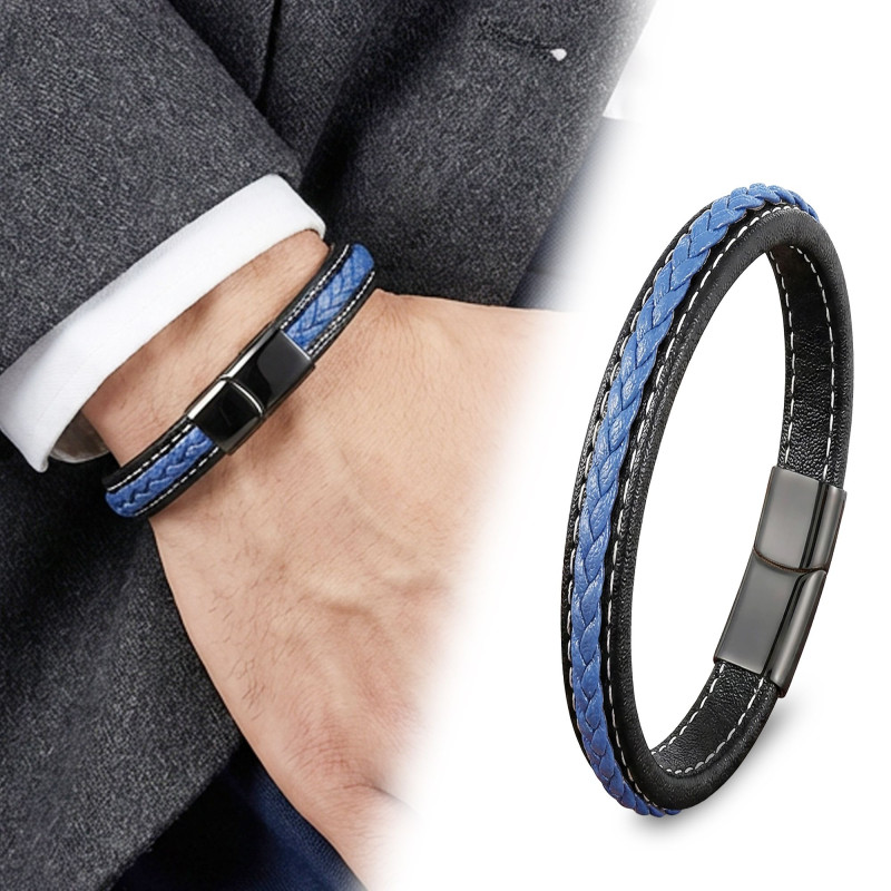 Lacivert & Siyah Saç Örgülü Deri Ve Titanyum Kilit Çelik Bileklik