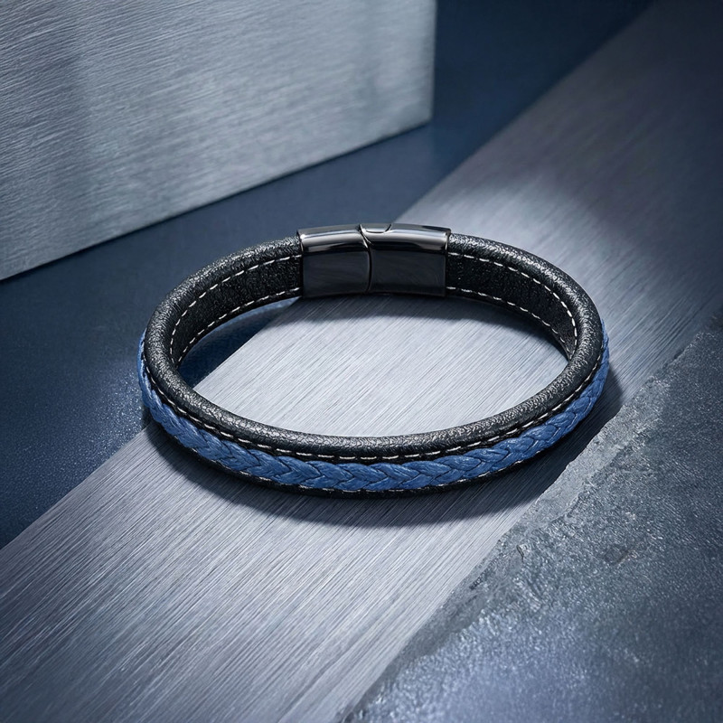 Lacivert & Siyah Saç Örgülü Deri Ve Titanyum Kilit Çelik Bileklik