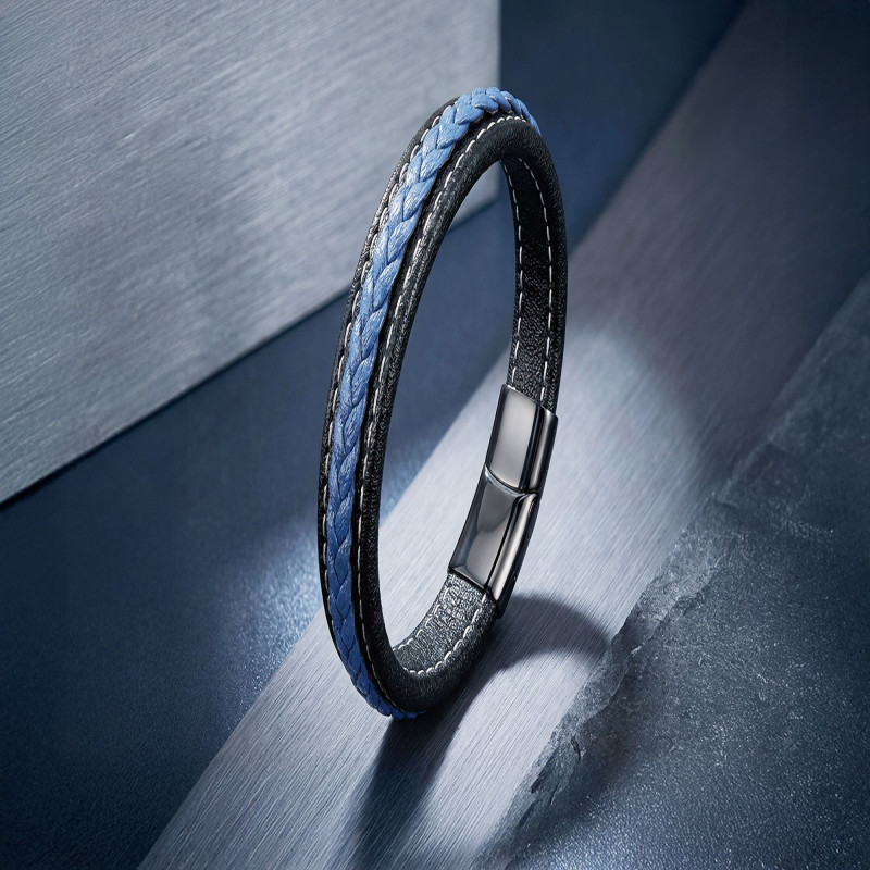 Lacivert & Siyah Saç Örgülü Deri Ve Titanyum Kilit Çelik Bileklik