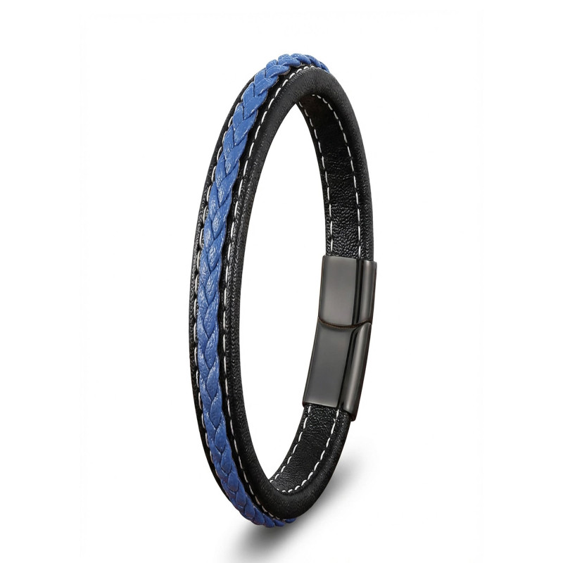 Lacivert & Siyah Saç Örgülü Deri Ve Titanyum Kilit Çelik Bileklik