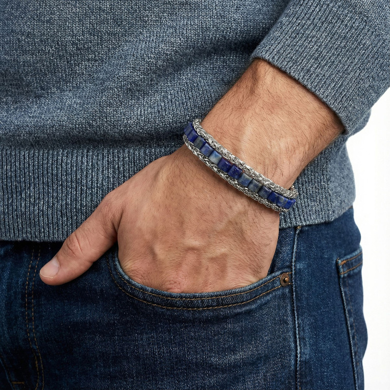 Lapis Doğal Taşlı Hasır Örgü Zincirli Erkek Çelik Bileklik Lapis Doğal Taşlı Hasır Örgü Zincirli Erkek Çelik Bileklik