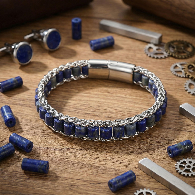 Lapis Doğal Taşlı Hasır Örgü Zincirli Erkek Çelik Bileklik Lapis Doğal Taşlı Hasır Örgü Zincirli Erkek Çelik Bileklik