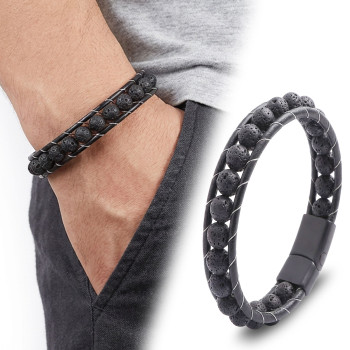 Lava Stone Natural Stone Leather Bracelet