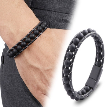 Matte Onyx Stone Braided Leather Bracelet