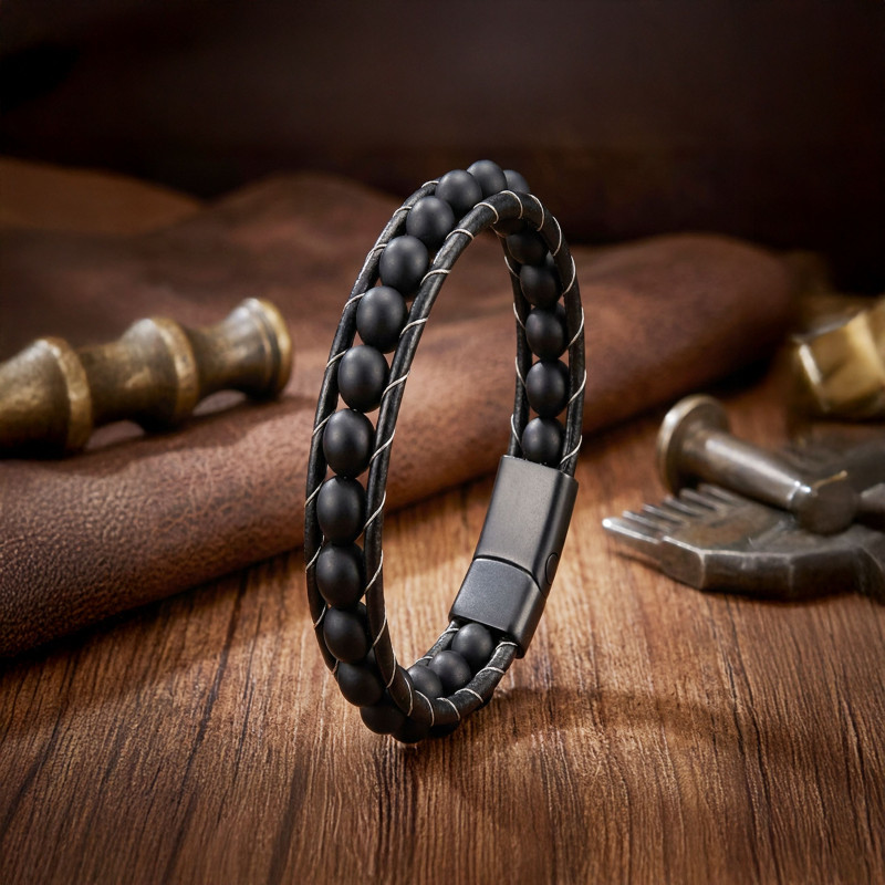 Mat Oniks Taşı Örmeli Deri Bileklik Mat Oniks Taşı Örmeli Deri Bileklik