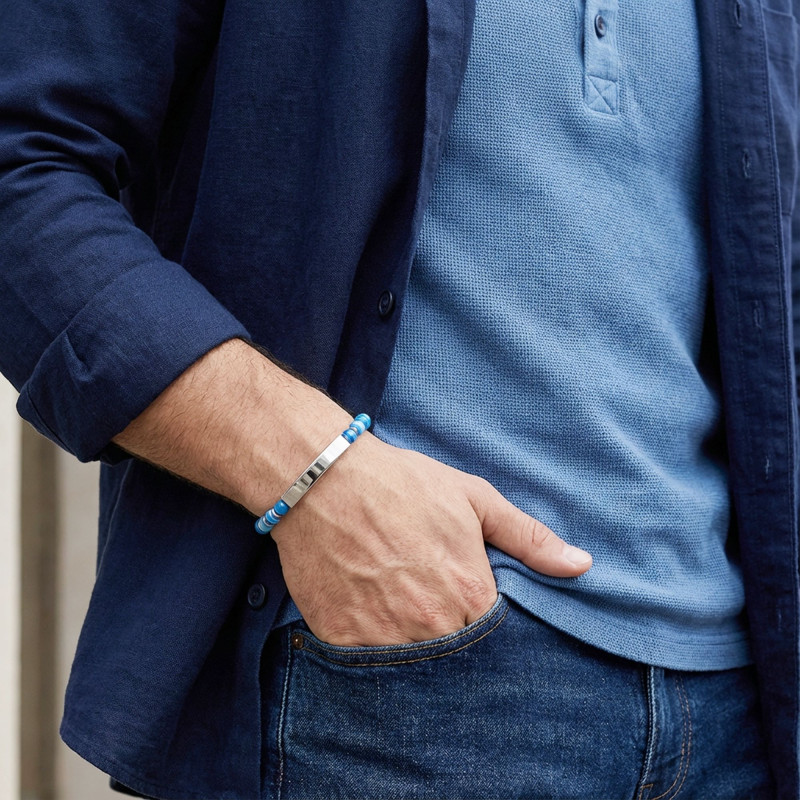 Mavi Akik Beyaz İsim Yazılabilir Ve Ayarlanabilir Çelik Zincir Bileklik