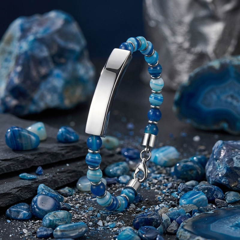 Mavi Akik Beyaz İsim Yazılabilir Ve Ayarlanabilir Çelik Zincir Bileklik