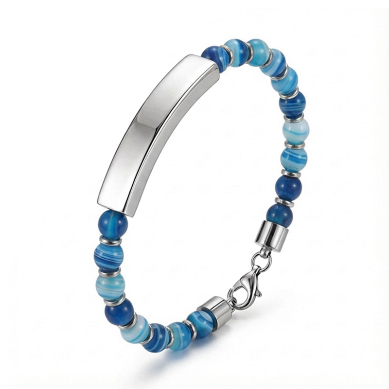 Mavi Akik Beyaz İsim Yazılabilir Ve Ayarlanabilir Çelik Zincir Bileklik