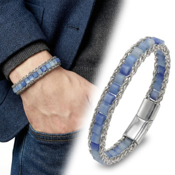 Mavi Aventurin Doğal Taşlı Hasır Örgü Zincirli Erkek Çelik Bileklik