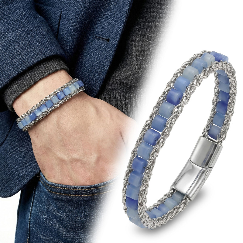 Mavi Aventurin Doğal Taşlı Hasır Örgü Zincirli Erkek Çelik Bileklik Mavi Aventurin Doğal Taşlı Hasır Örgü Zincirli Erkek Çelik Bileklik