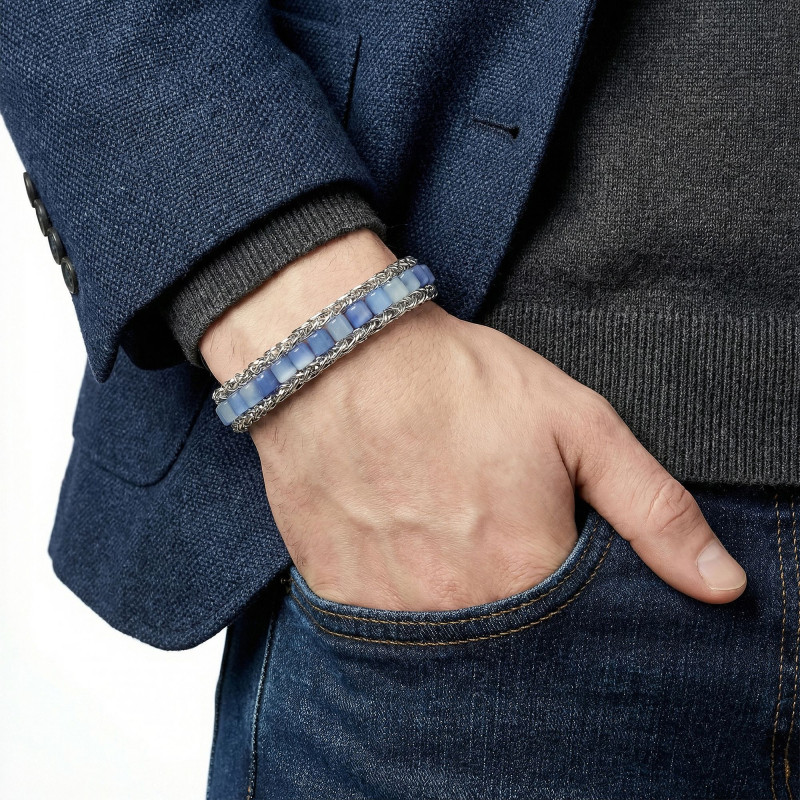 Mavi Aventurin Doğal Taşlı Hasır Örgü Zincirli Erkek Çelik Bileklik Mavi Aventurin Doğal Taşlı Hasır Örgü Zincirli Erkek Çelik Bileklik