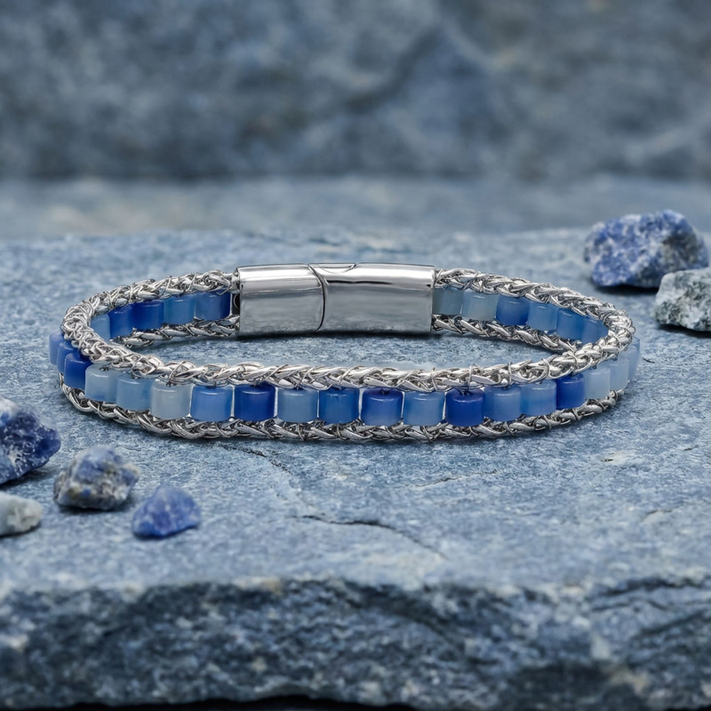Mavi Aventurin Doğal Taşlı Hasır Örgü Zincirli Erkek Çelik Bileklik Mavi Aventurin Doğal Taşlı Hasır Örgü Zincirli Erkek Çelik Bileklik
