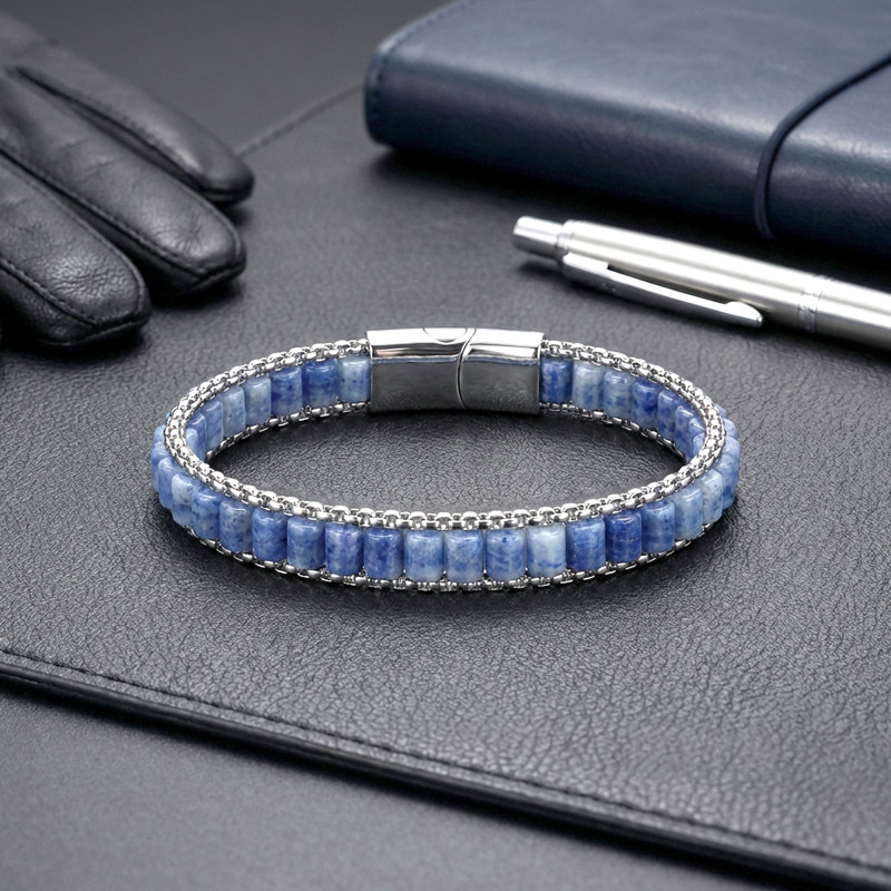 Mavi Aventurin Doğal Taşlı Hasır Örgü Zincirli Erkek Çelik Bileklik Mavi Aventurin Doğal Taşlı Hasır Örgü Zincirli Erkek Çelik Bileklik