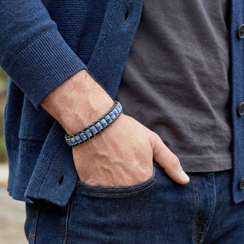 Mavi Aventurin & Hematit Çelik Örgülü Deri Bileklik