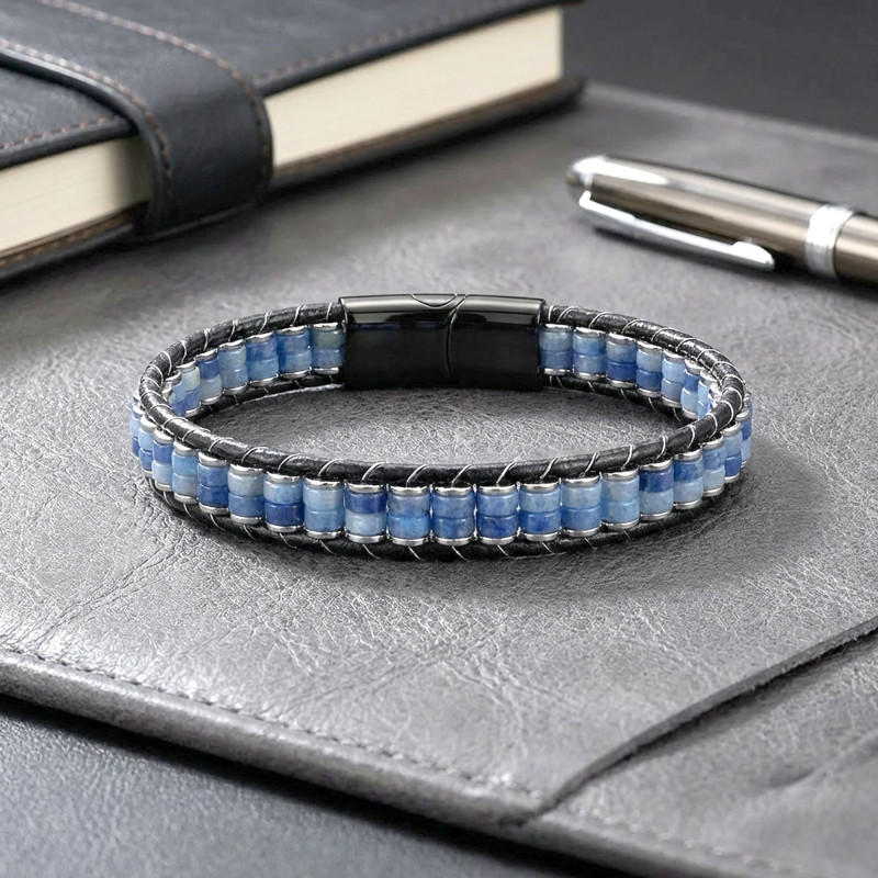 Mavi Aventurin & Hematit Çelik Örgülü Deri Bileklik