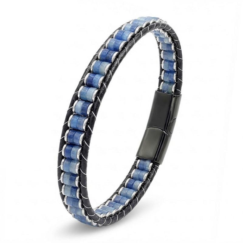 Mavi Aventurin & Hematit Çelik Örgülü Deri Bileklik