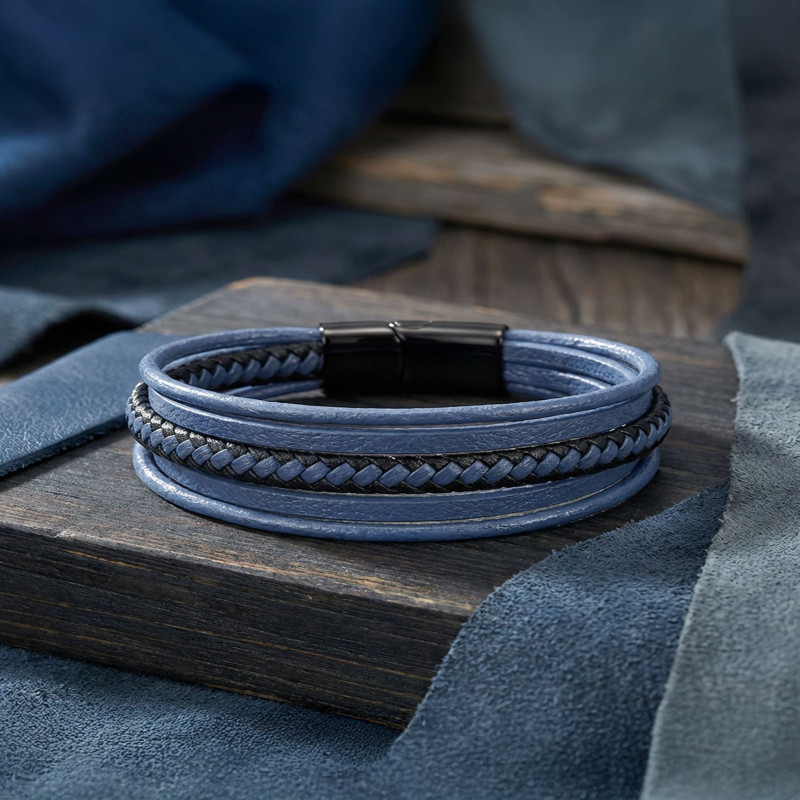 Mavi Çoklu Deri Bileklik