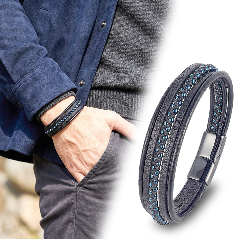 Mavi Hematit Ve Çoklu Deri Bileklik Mavi Hematit Ve Çoklu Deri Bileklik