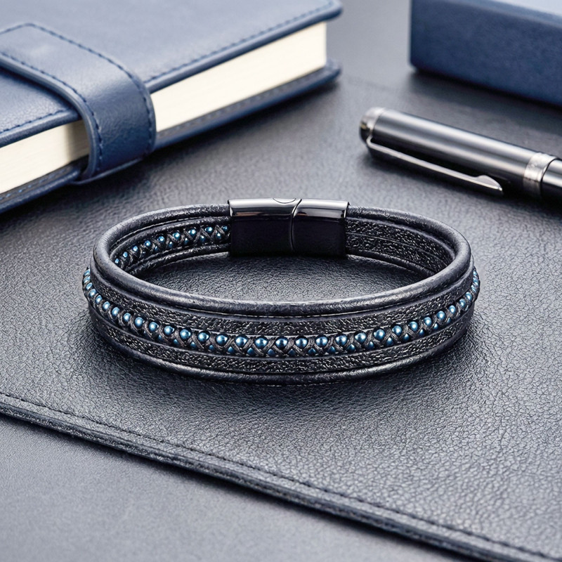 Mavi Hematit Ve Çoklu Deri Bileklik Mavi Hematit Ve Çoklu Deri Bileklik