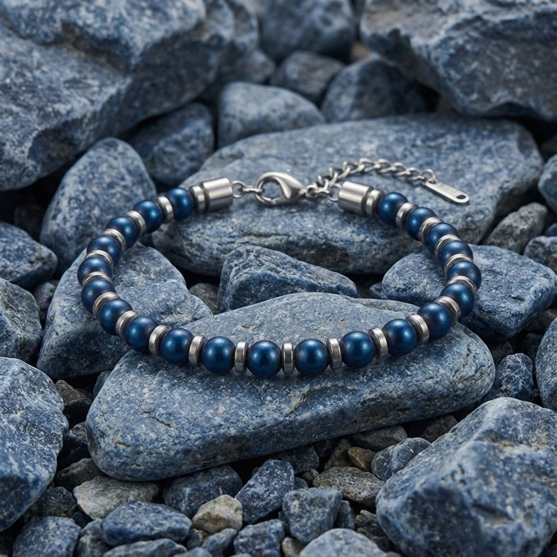 Mavi Küre Hematit Doğal Taşlı Ayarlanabilir Çelik Zincir Bileklik