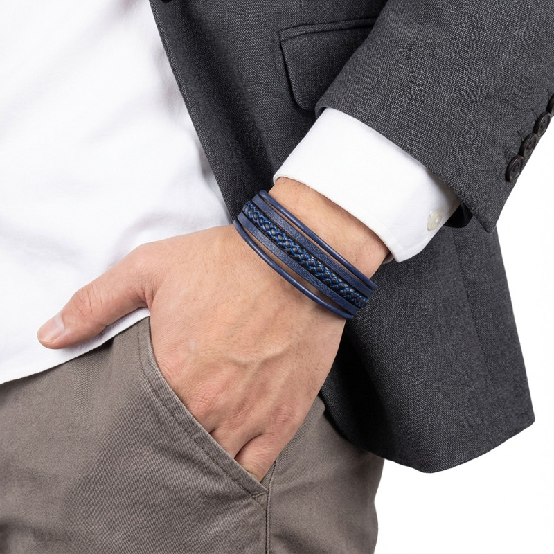 Mavi Siyah Çoklu Deri Bileklik Zamak Kilit Mavi Siyah Çoklu Deri Bileklik Zamak Kilit