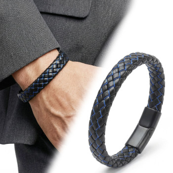 Blue and Black Braided Leather Steel Bracelet