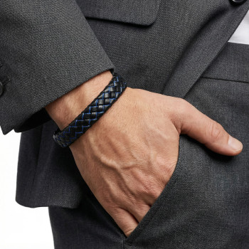 Blue and Black Braided Leather Steel Bracelet Blue and Black Braided Leather Steel Bracelet