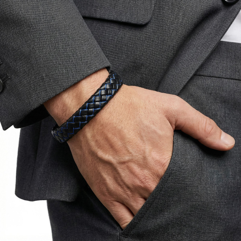 Mavi Siyah Deri Örgü Çelik Bileklik Mavi Siyah Deri Örgü Çelik Bileklik